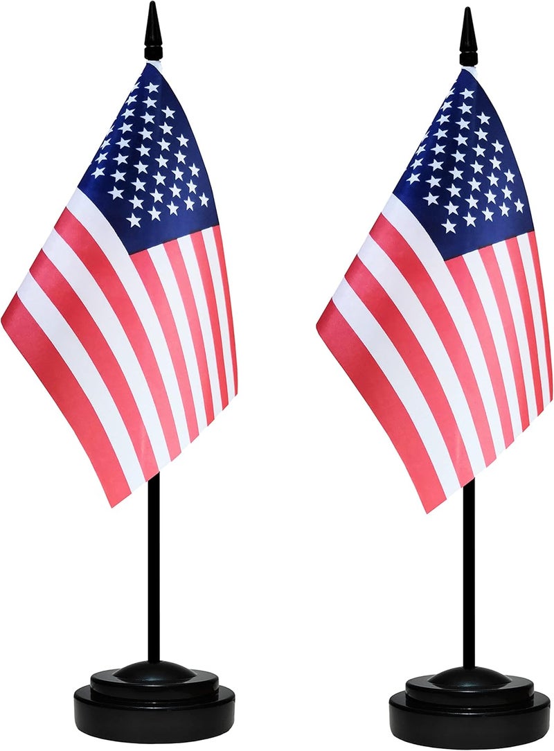 BCLin USA Desk Flag Set, 2 Pack American US Table Office Flags, Small Mini Desktop Flag With 12" Solid Black Pole, Black Base, Miniature Desktop Flag - Image 1